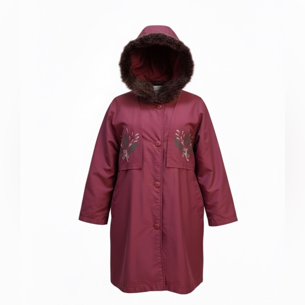 4 Saisons Canada Burgundy 3 in 1 Layer All Season Wool Fur Coat Size 14